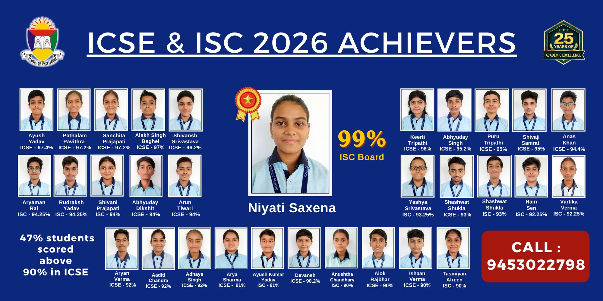 ICSE and ISC 2026 board achievers of Scholars' Home, the best ICSE school in Lucknow — Niyati Saxena topped with 99%