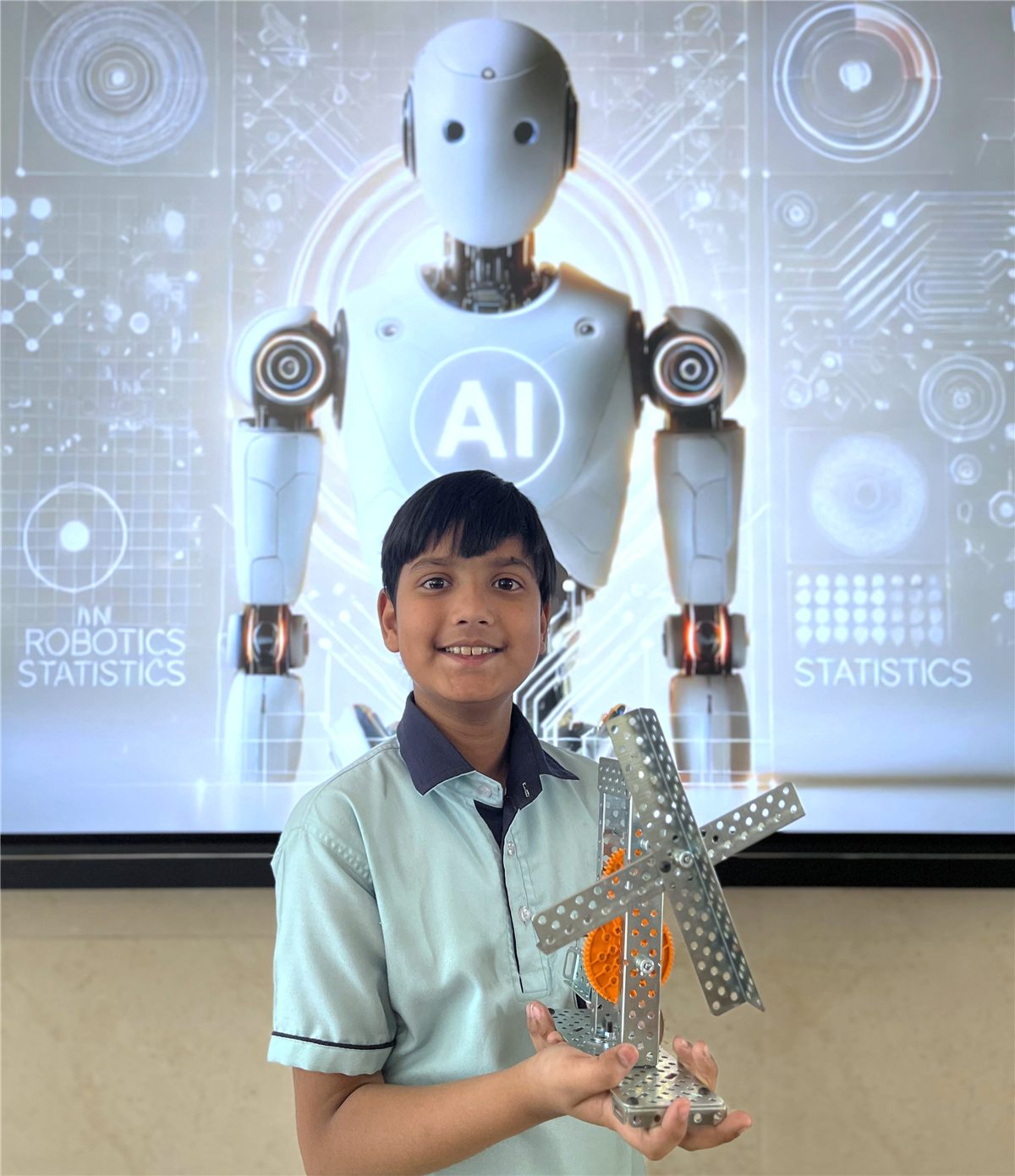 Scholars' Home student presenting his build at the Robotics and AI lab — best school in Lucknow for technology